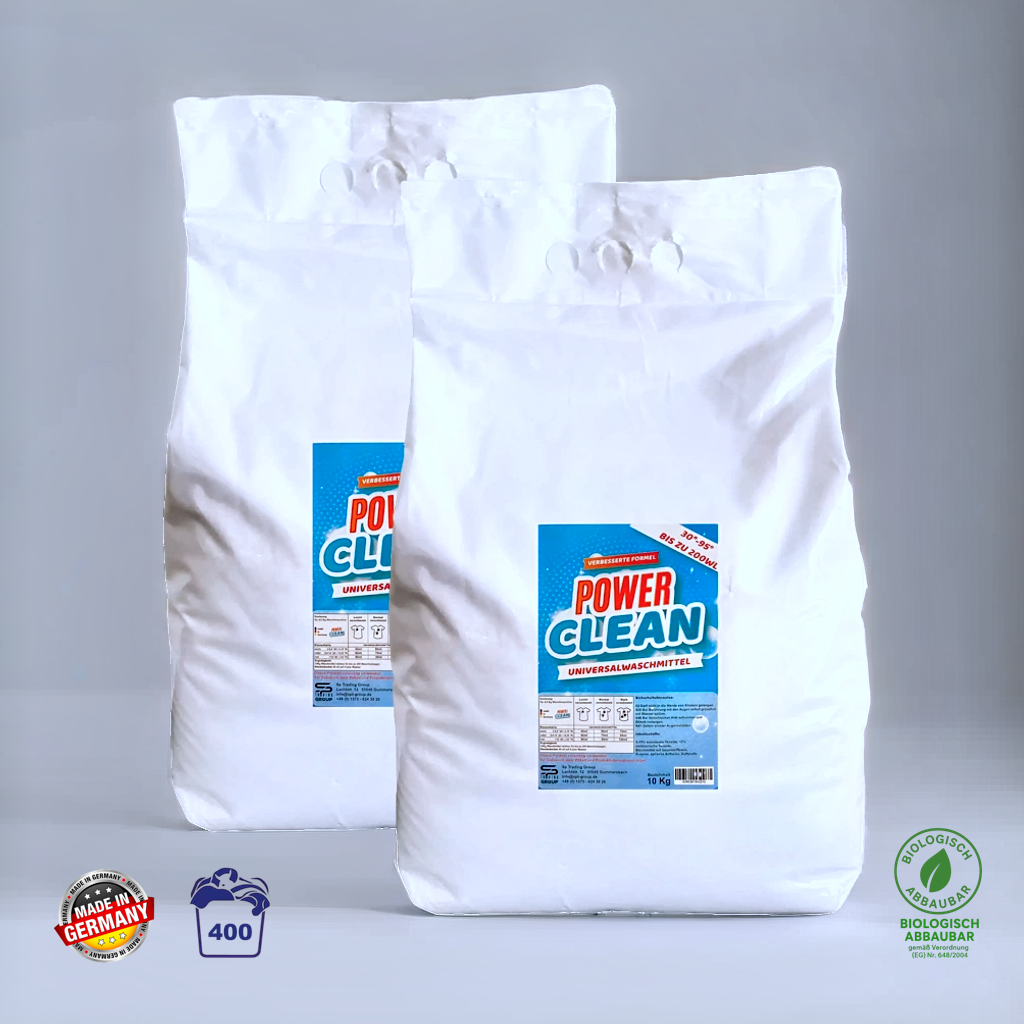 Set aus 2 Beuteln Power Clean Universalwaschmittel für insgesamt 400 Waschladungen, Made in Germany und biologisch abbaubar