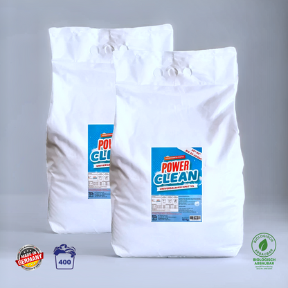Set aus 2 Beuteln Power Clean Universalwaschmittel für insgesamt 400 Waschladungen, Made in Germany und biologisch abbaubar