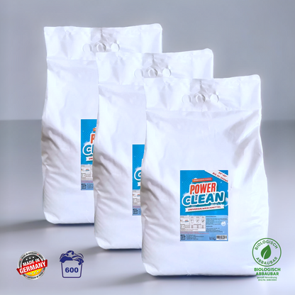 Set aus 3 Beuteln Power Clean Universalwaschmittel für insgesamt 600 Waschladungen, Made in Germany und biologisch abbaubar